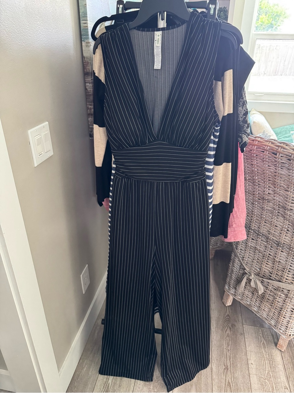 Halara Black Pinstripe V-Neck Jumpsuit